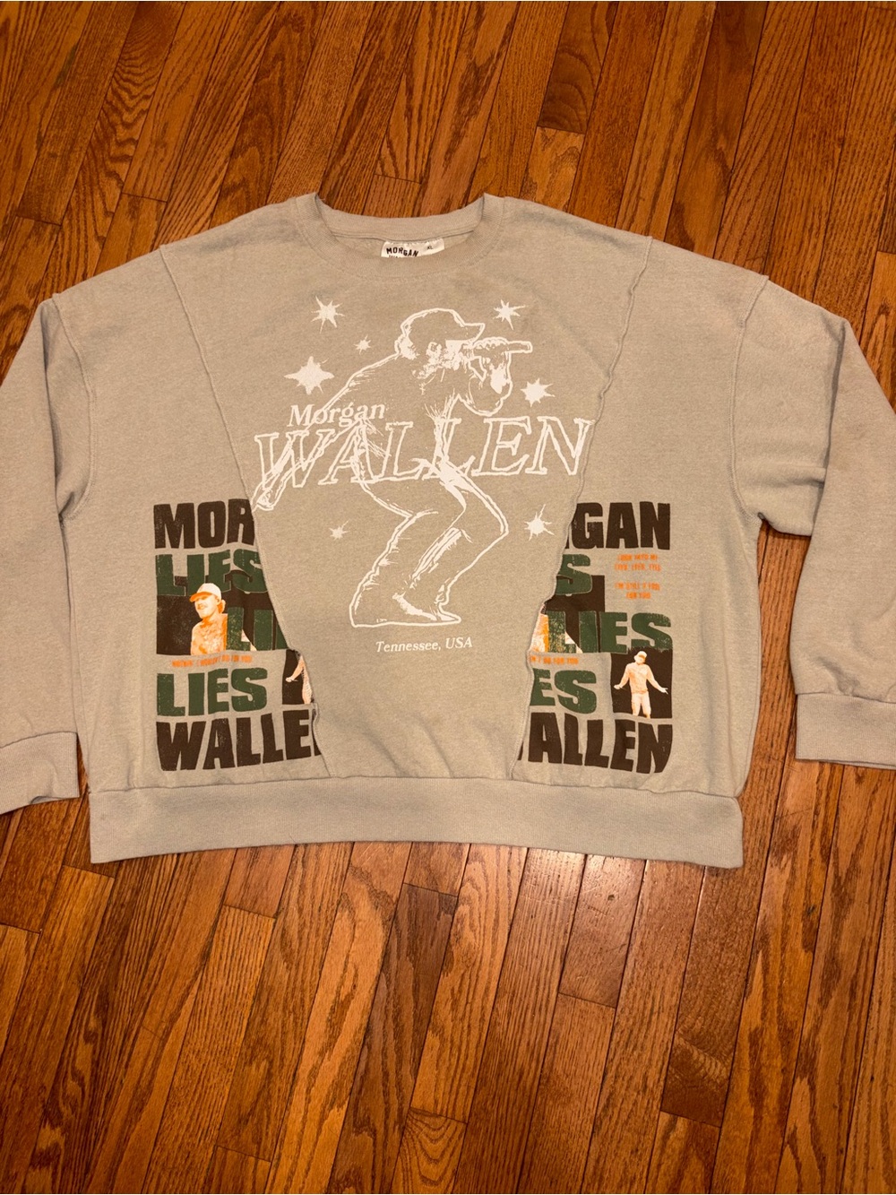 Morgan Wallen XL Lies Lies Lies Graphic Crewneck Sweater in Beige
